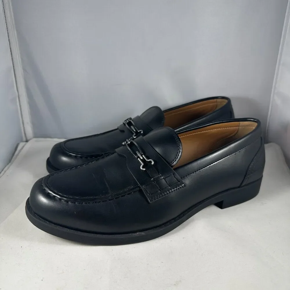 Zara Mens Size 42 Loafers with Appliqué Detail Black Leather Buckle Round Toe